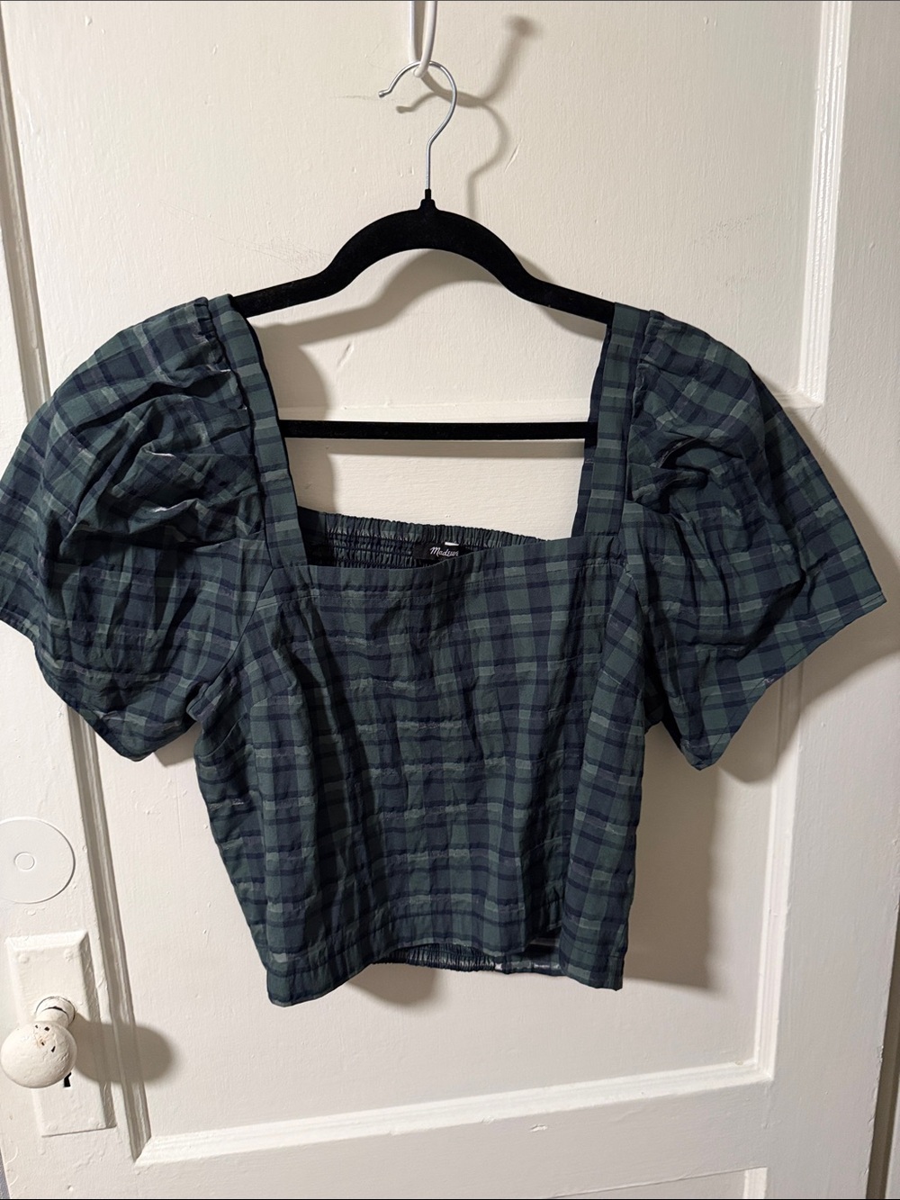 Madewell Hopewell Green & Navy Plaid Puff Sleeve Crop Top Size Large